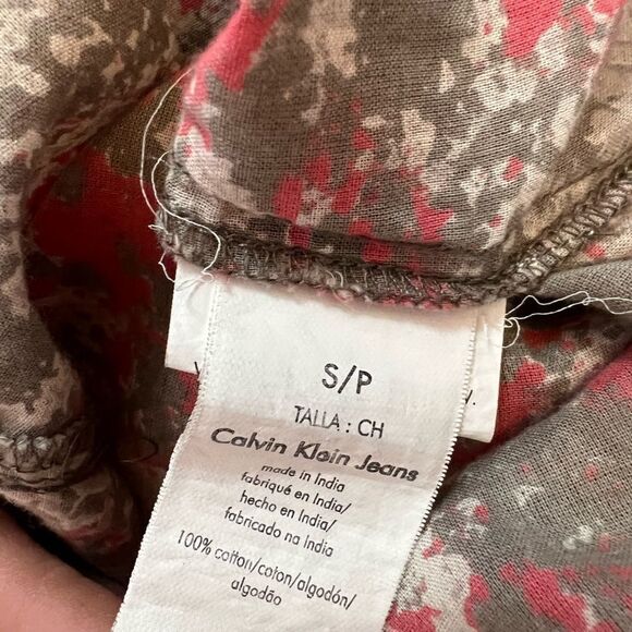 CALVIN KLEIN JEANS Cotton Coral&Tan Printed Shirt Sleeve Bubble Casual Top S - Picture 8 of 8